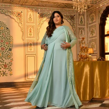 Flirtini-Mint Green Drape Saree Dress with Sequin Embellished Cape