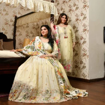 Tere Naina- Ivory & Gold Pure Cosmos Tissue Silk Applique Cutdana Embroidered Anarkali Set