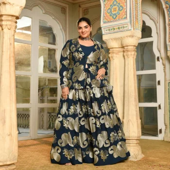 Tiramisu- Prussian Blue Paisley Georgette Blazer Lehenga Set