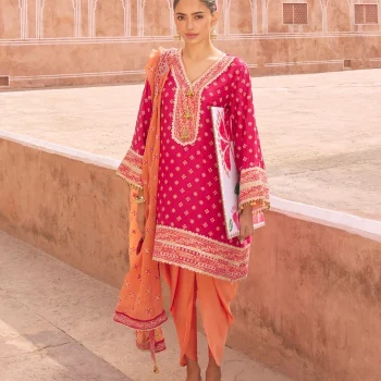 Survani Bemberg Satin Fuschia Kurta With Orange Salwar