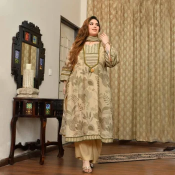 Cashmere- Buttercream Tropical Printed Pure Organza Suit Set