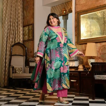 Water Lily- Teal Tropical Printed Pure Organza Suit Set