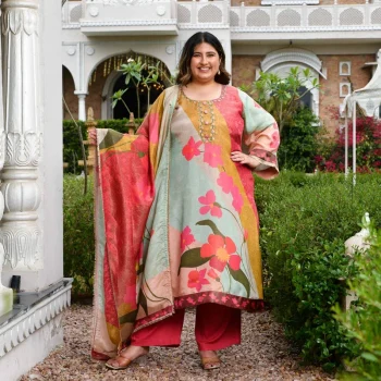 Gardenia- Strawberry Floral Printed Pure Tissue Organza Suit Set