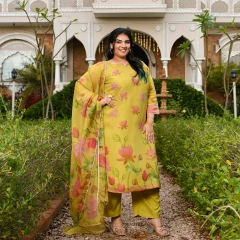 Morning Date- Dusky Yellow Lotus Printed Pure Tissue Organza Suit Set
