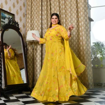 Butter Bouquet- Bright Yellow Floral Printed Pure Organza Anarkali Set