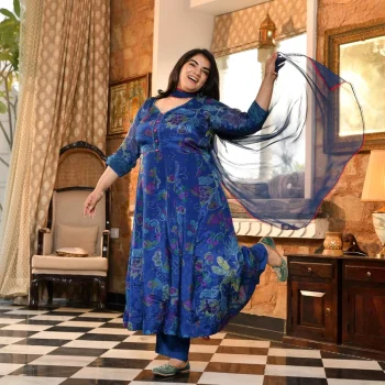 Bluebell Petals- Royal Blue Floral Printed Pure Organza Anarkali Set
