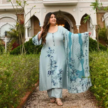 Pearl Dream- Light Steel Blue Floral Pure Muslin Suit Set