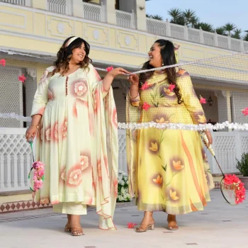 Lemon Chiffon Floral Hand Painted Crepe Chiffon Blend Anarkali Set
