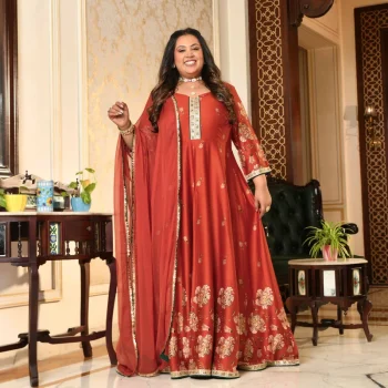 Manek Chowk- Rust Orange Pure Gaji Silk Floral Anarkali Set