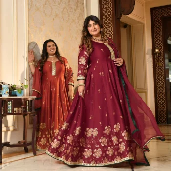 Lal Darwaza- Maroon Pure Gaji Silk Floral Anarkali Set