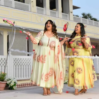 Butter Yellow Floral Hand Painted Crepe Chiffon Blend Anarkali Set