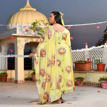 Butter Yellow Floral Hand Painted Crepe Chiffon Blend Anarkali Set