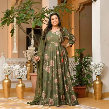 Dori- Dark Olive Green Floral Print Modal Viscose Blend Anarkali Set