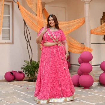 Baisa- Pink Embroidered Bandhani Applique Chiffon Lehenga Set