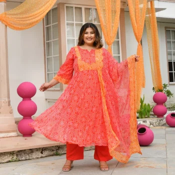 Desi Kanya- Red & Orange Bandhani Applique Chiffon Anarkali Set