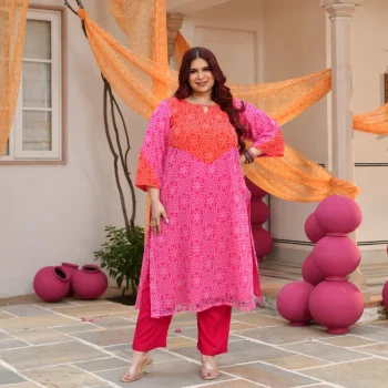Meethi Chashni- Pink & Orange Bandhani Applique Chiffon Kurta