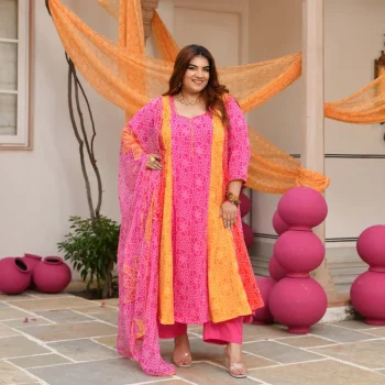 Sharbati Nimboo- Pink & Yellow Bandhani Applique Chiffon Anarkali Set
