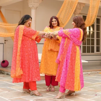 Tareefan- Yellow & Pink Bandhani Applique Chiffon Suit Set