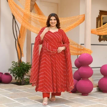 Lal Mirchi- Red Embroidered Leheriya chiffon Anarkali Set