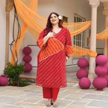 Patakha- Red & Orange Embroidered Leheriya Chiffon Kurta