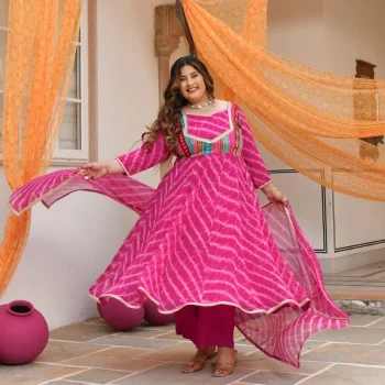 Gulabwati- Pink Banarasi Brocade Leheriya Chiffon Anarkali Set