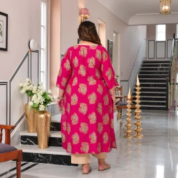 Janki- Fuschia Pink Floral Modal Viscose Princess Line Kurta