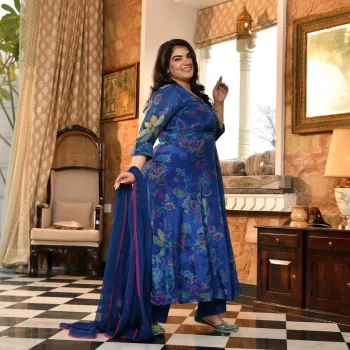 Bluebell Petals- Royal Blue Floral Printed Pure Organza Anarkali Set