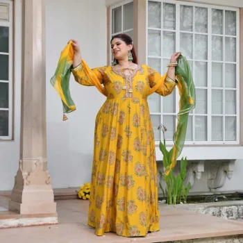 Kishori - Marigold Yellow Floral Modal Viscose Anarkali Set