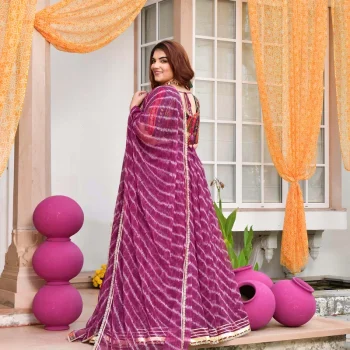 Basanti- Wine Banarasi Brocade Leheriya Chiffon Lehenga Set