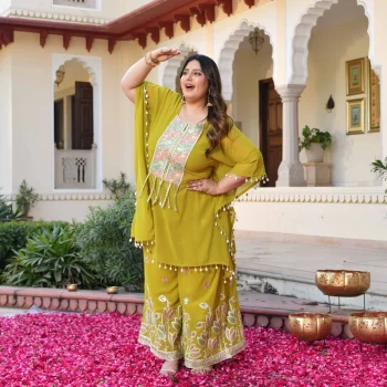 Main Character- Lime Yellow Thread & Gota Embroidered Georgette Cape Kaftan Set