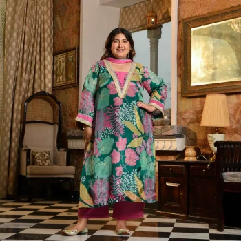 Water Lily- Teal Tropical Printed Pure Organza Suit Set