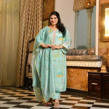 Misty Mimosa- Light Blue-green Floral Printed Pure Organza Aline Suit Set
