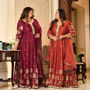 Manek Chowk- Rust Orange Pure Gaji Silk Floral Anarkali Set