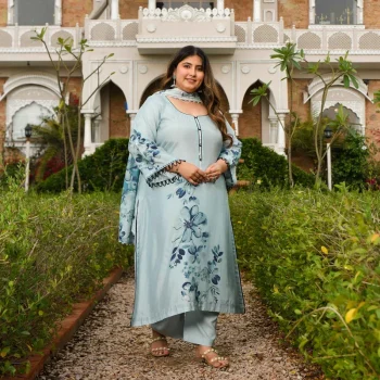 Pearl Dream- Light Steel Blue Floral Pure Muslin Suit Set