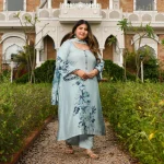 Pearl Dream- Light Steel Blue Floral Pure Muslin Suit Set