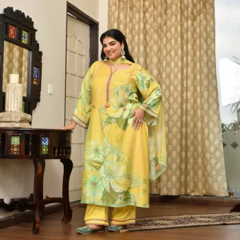 Fresh Lime- Lemon Yellow Floral Pure Muslin Suit Set