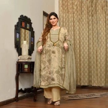 Cashmere- Buttercream Tropical Printed Pure Organza Suit Set