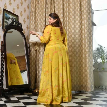 Butter Bouquet- Bright Yellow Floral Printed Pure Organza Anarkali Set