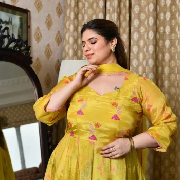 Butter Bouquet- Bright Yellow Floral Printed Pure Organza Anarkali Set