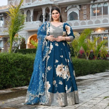 Dil Jhoom- Dark Blue Floral Pure Crepe Mirror Embroidered Anarkali Set