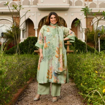Vanilla Love- Mint Green Floral Printed Pure Tissue Organza Suit Set