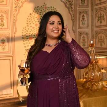 Champagne- Wine Drape Saree Dress with Sequin Embellished Cape