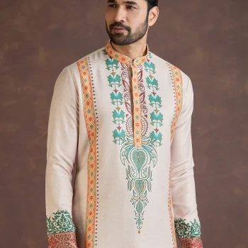 Beige printed wedding wear kurta suit with print