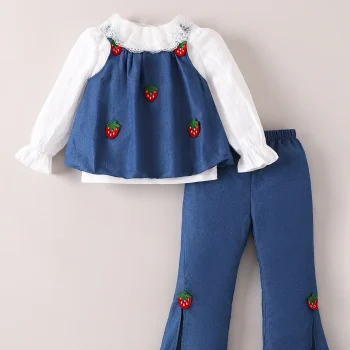 3-Pc Lace Embellished Strawberry Jeans Set