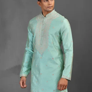 Light aqua art silk kurta suit for traditional celebration